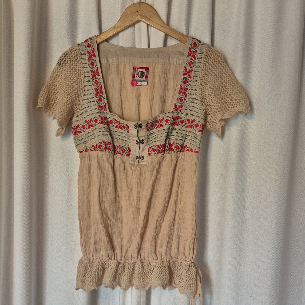 Free PEOPLE Embroidered Beige Top COTTON alpaca Blouse